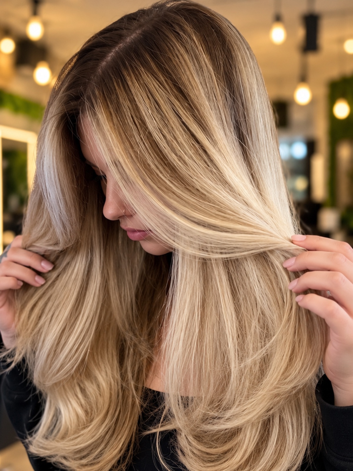 Long blonde layers with a soft, lived-in root