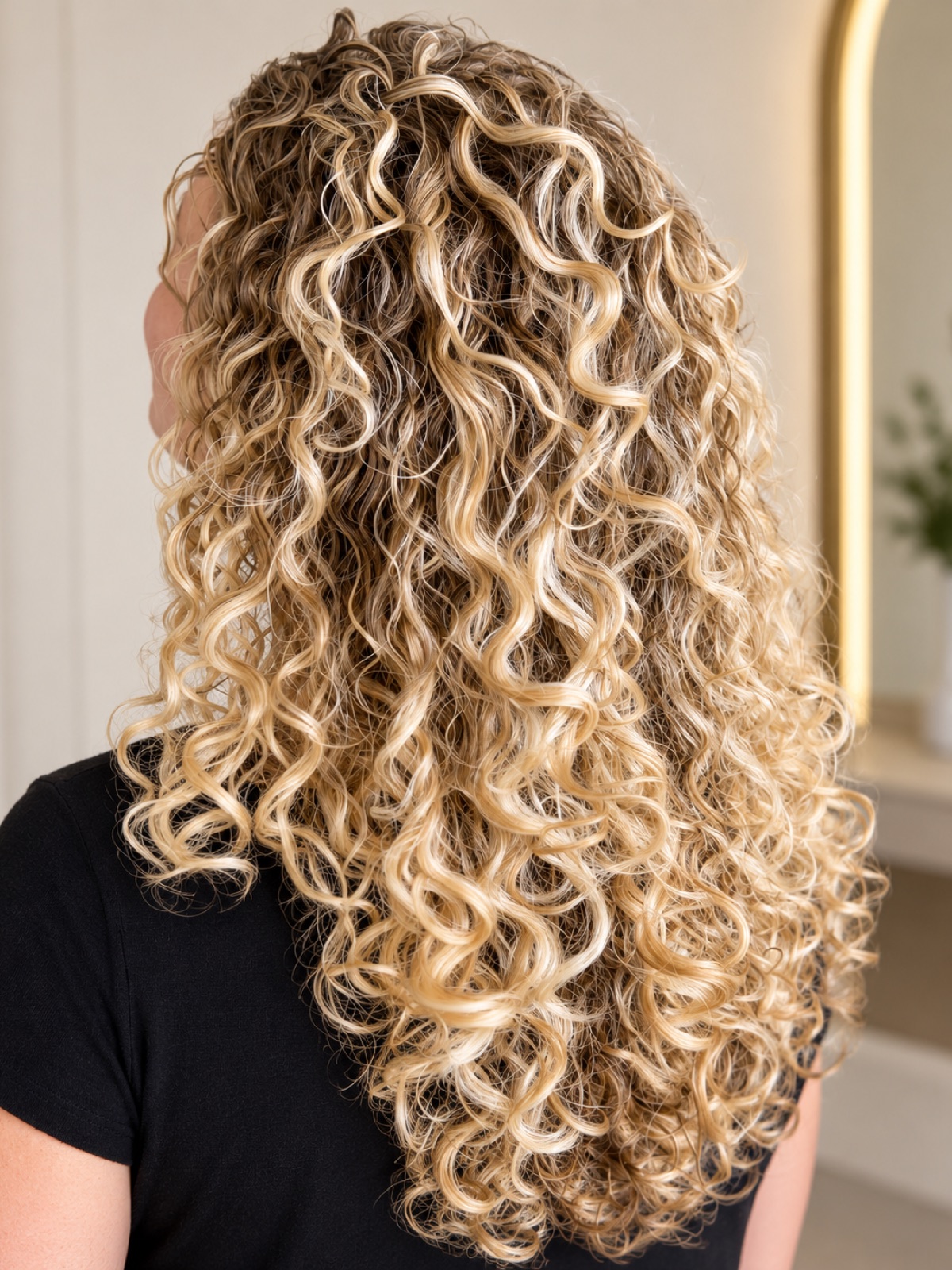 Defined natural curls in a bright, buttery blonde