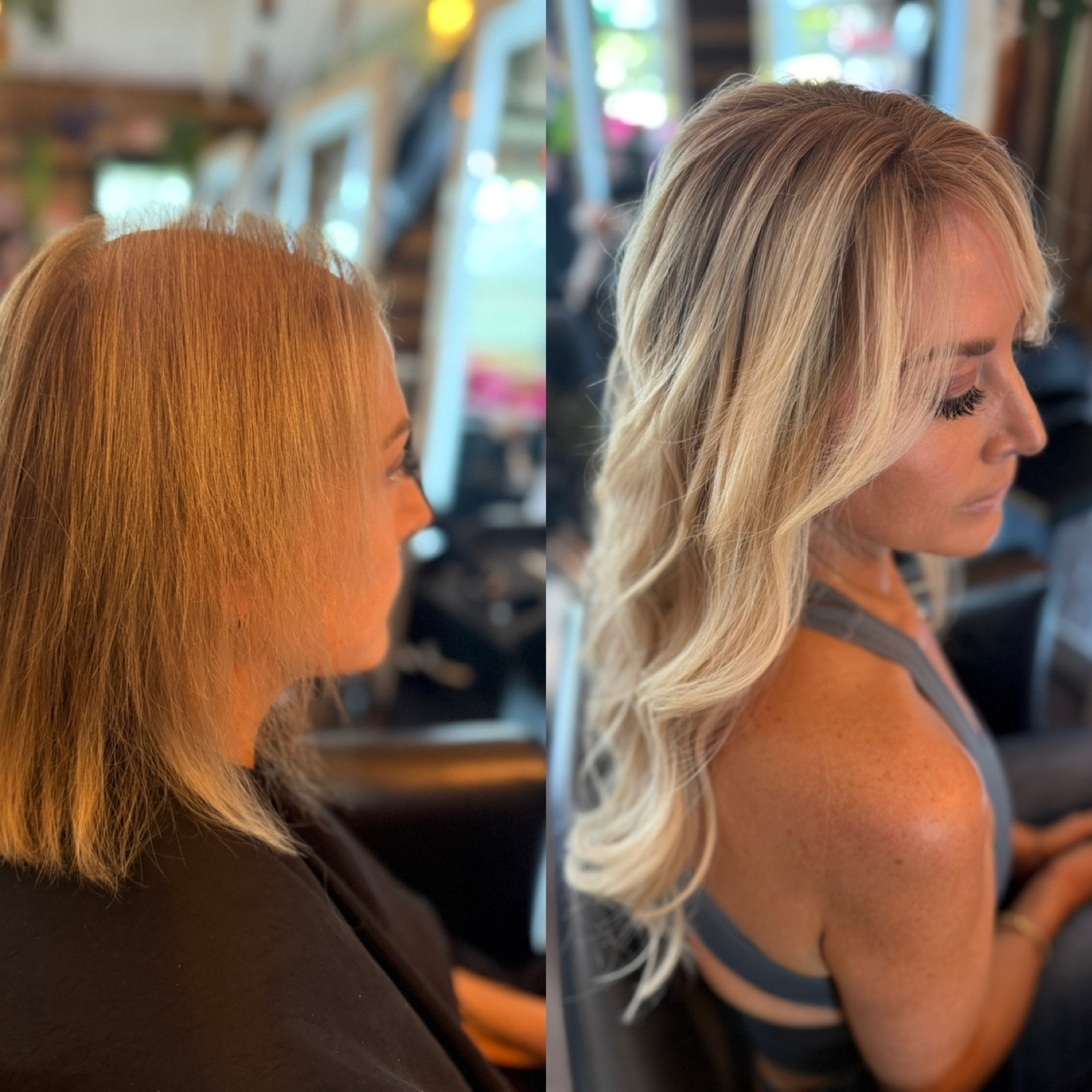 Before and after — thinning, brassy hair restored to full, dense blonde length