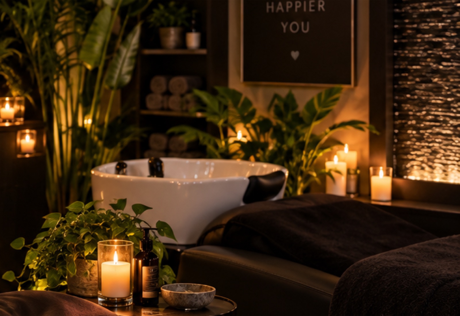 The head spa room — candlelight, greenery and a water wall